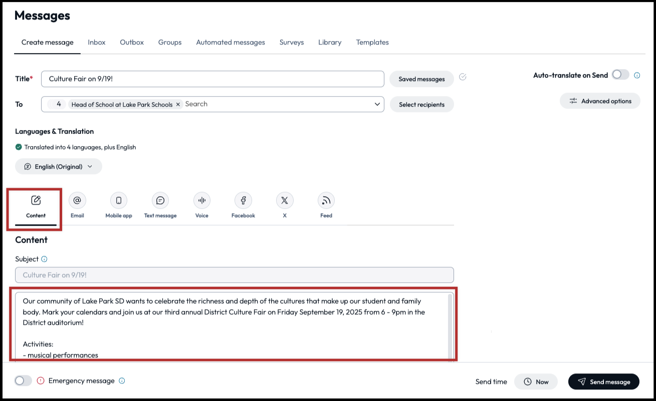 Create content screen
