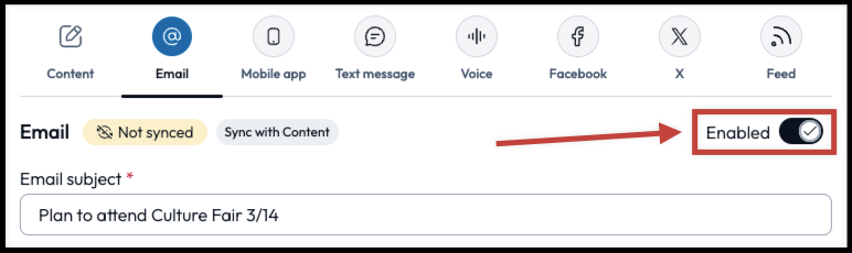 Toggle off to disable email channel