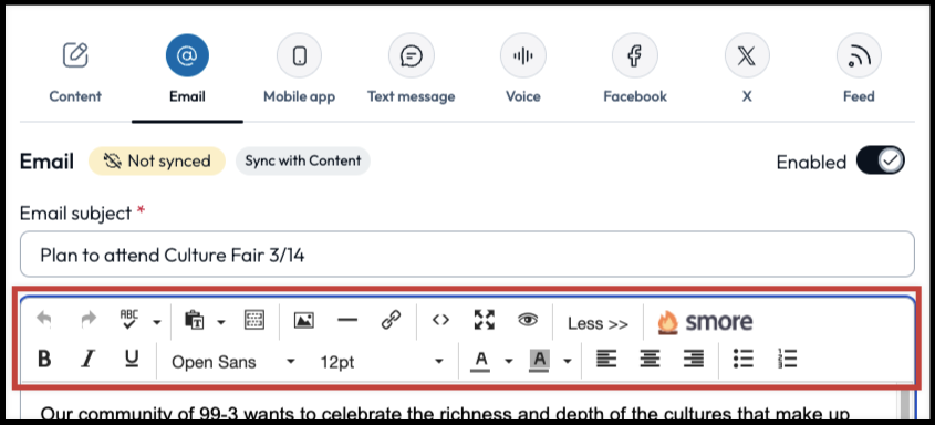 Editing toolbar in email screen