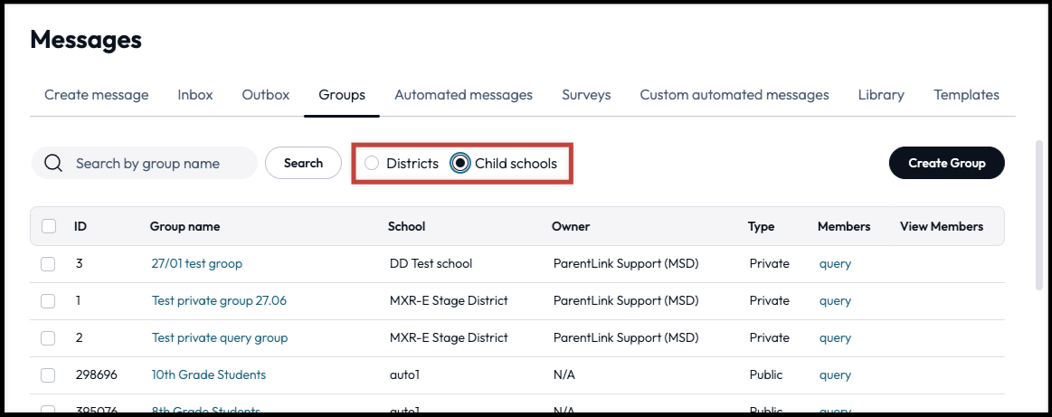 Child Schools and Districts filter buttons in the Groups tab