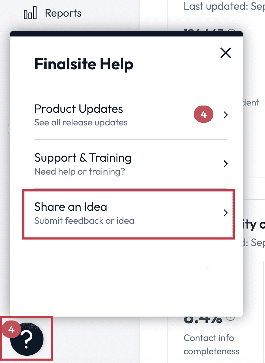 Open the Finalsite Help menu to access Share an Idea.png